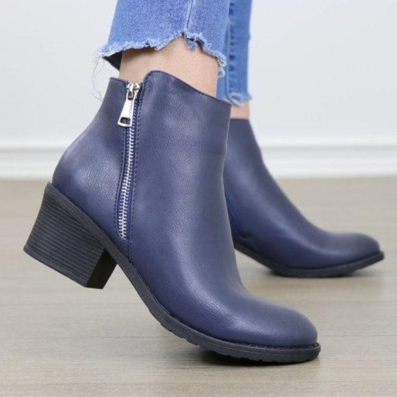 Shoes - Navy Faux Leather Ankle Boots W/ Silver Zipper
